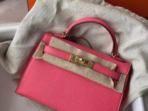H Factory Bags Mini Kelly Chever Leather Peach Pink Gold Hardware 19cm Full Handmade