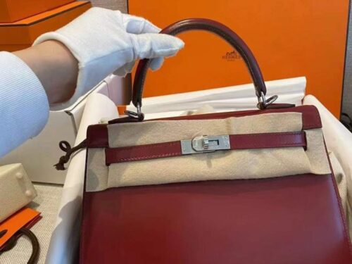 H Factory Bags Kelly Box Leather CK55 Bordeaux Red Silver Hardware 25cm Full Handmade