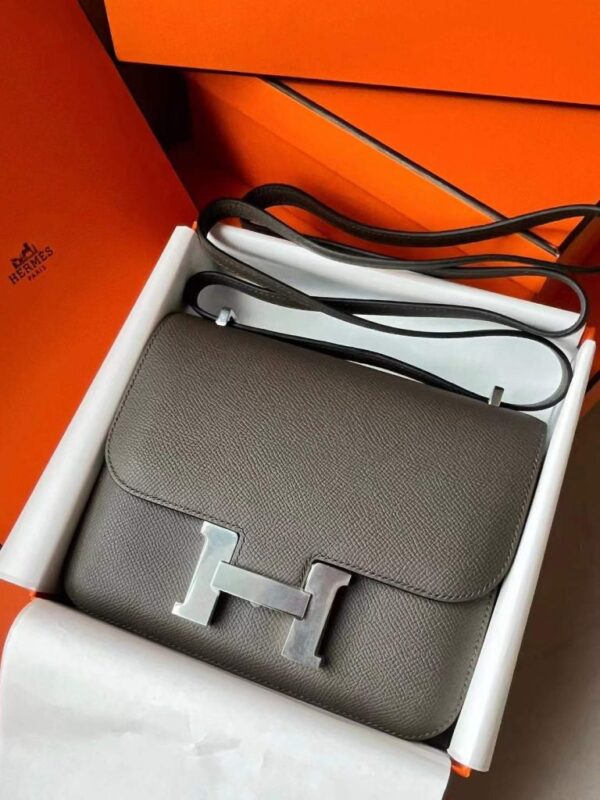 H Factory Bags Constance Epsom Leather Deep Grey Silver Hardware 18cm Full Handmade
