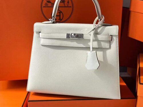 H Factory Bags Kelly Epsom Leather Cream White Silver Hardware 28cm Full Handmade