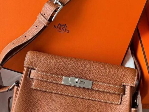 H Factory Bags Kelly Messenger Togo Leather Gold Brown Silver Hardware 25cm Full Handmade