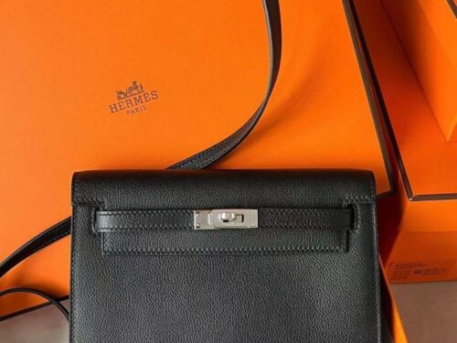 H Factory Bags Kelly Messenger Evercolor Leather CK89 Black Silver Hardware 25cm Full Handmade