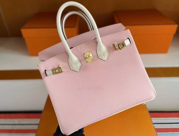 H Factory Bags Birkin Chever Leather Cream Pink & White Gold Hardware 25cm Full Handmade