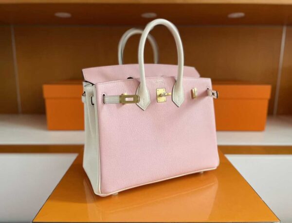 H Factory Bags Birkin Chever Leather Cream Pink & White Gold Hardware 25cm Full Handmade