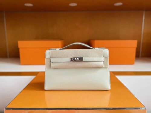 H Factory Bags Mini Kelly Pochette Swift Leather Cream White Silver Hardware 22cm Full Handmade