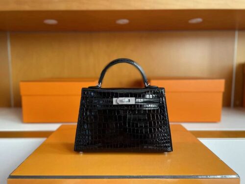 H Factory Bags Mini Kelly Shiny Alligator Crocodile CK89 Black Silver Hardware 19cm Full Handmade
