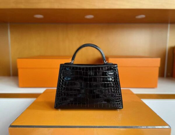 H Factory Bags Mini Kelly Shiny Alligator Crocodile CK89 Black Silver Hardware 19cm Full Handmade