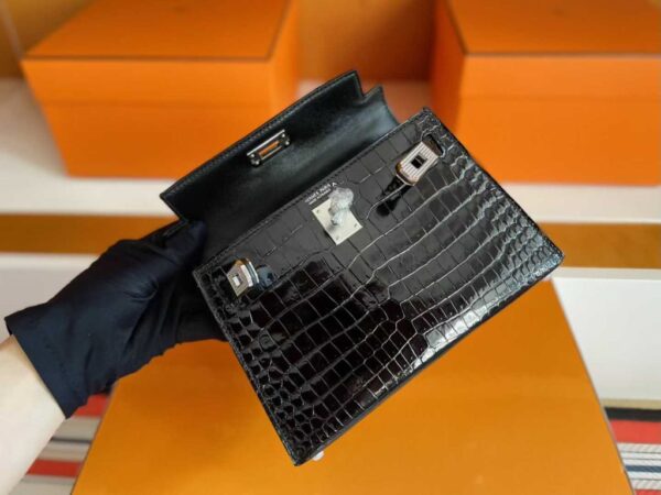 H Factory Bags Mini Kelly Shiny Alligator Crocodile CK89 Black Silver Hardware 19cm Full Handmade
