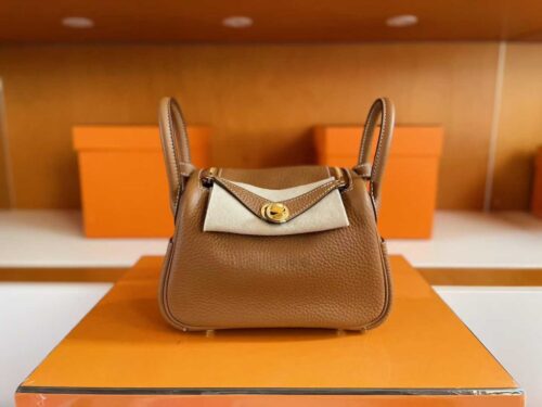H Factory Bags Mini Lindy Togo Leather CK37 Golden Brown Gold Hardware 20cm Full Handmade