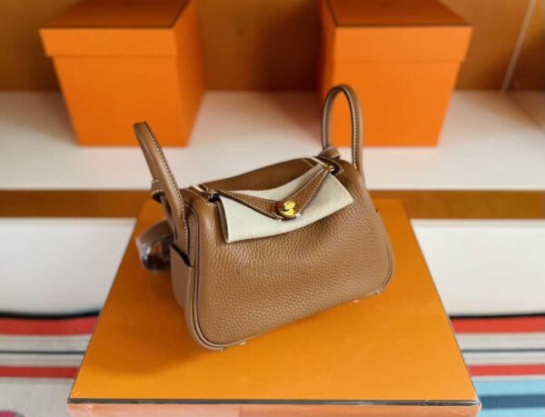 H Factory Bags Mini Lindy Togo Leather CK37 Golden Brown Gold Hardware 20cm Full Handmade
