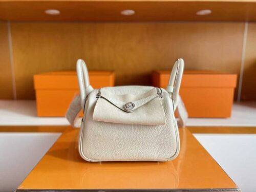 H Factory Bags Mini Lindy Togo Leather Cream White Silver Hardware 20cm Full Handmade