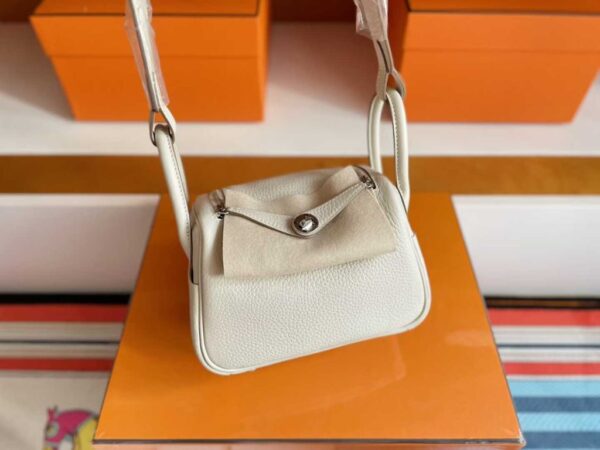 H Factory Bags Mini Lindy Togo Leather Cream White Silver Hardware 20cm Full Handmade