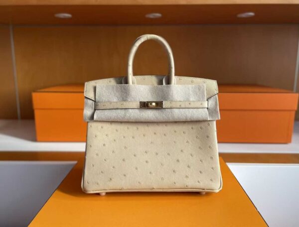 H Factory Bags Birkin Ostrich Leather Yellowish White Gold Hardware 25cm Full Handmade