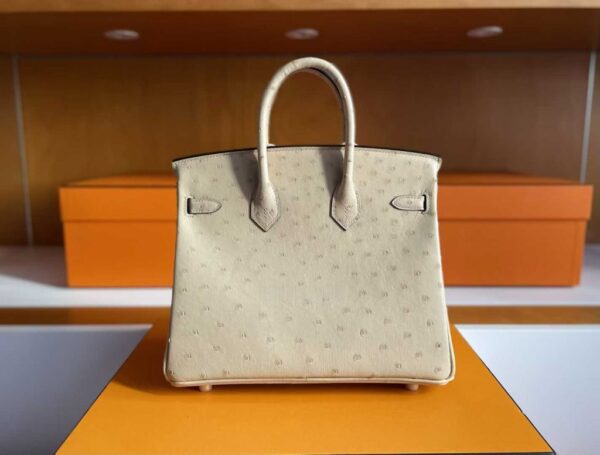 H Factory Bags Birkin Ostrich Leather Yellowish White Gold Hardware 25cm Full Handmade