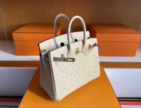 H Factory Bags Birkin Ostrich Leather Yellowish White Gold Hardware 25cm Full Handmade