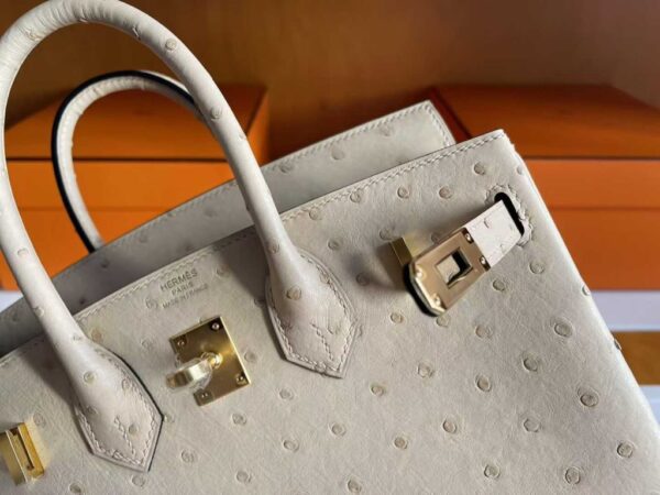 H Factory Bags Birkin Ostrich Leather Yellowish White Gold Hardware 25cm Full Handmade