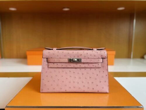 H Factory Bags Kelly Pochette Ostrich Leather 3Q Pink Silver Hardware 22cm Full Handmade