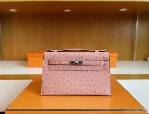 H Factory Bags Kelly Pochette Ostrich Leather 3Q Pink Silver Hardware 22cm Full Handmade