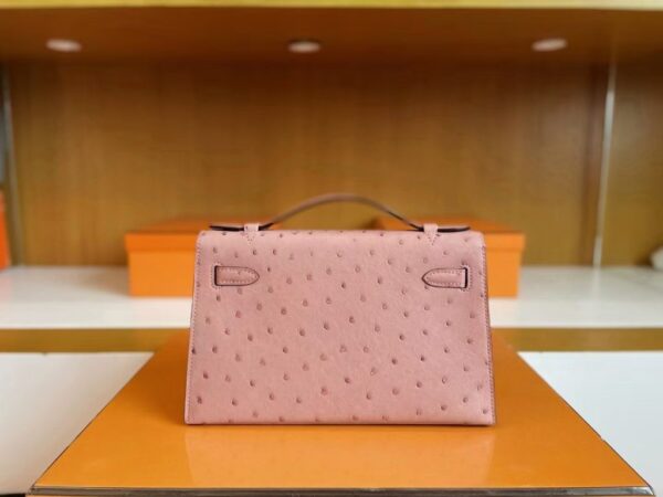 H Factory Bags Kelly Pochette Ostrich Leather 3Q Pink Silver Hardware 22cm Full Handmade