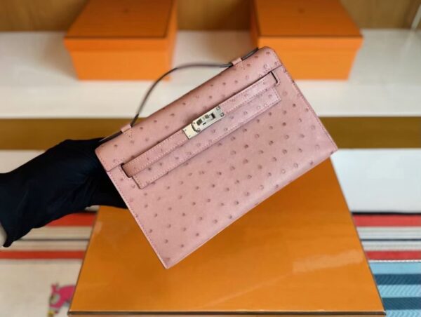 H Factory Bags Kelly Pochette Ostrich Leather 3Q Pink Silver Hardware 22cm Full Handmade