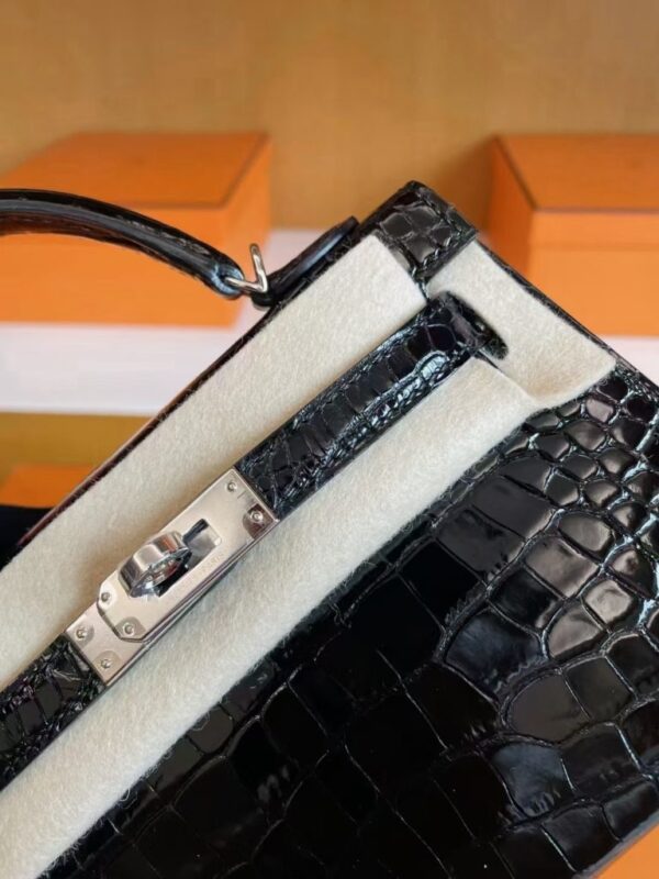 mmexport1744963872473-768x1024-1 H Factory Bags Mini Kelly Shiny Alligator Crocodile Black Silver Hardware 19cm Full Handmade