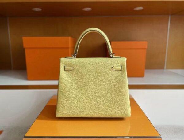 H Factory Bags Kelly Togo Leather Light Yellow Silver Hardware 25cm Full Handmade