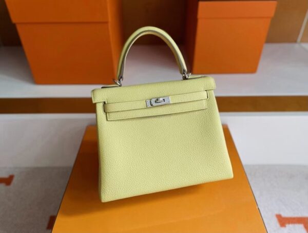 H Factory Bags Kelly Togo Leather Light Yellow Silver Hardware 25cm Full Handmade