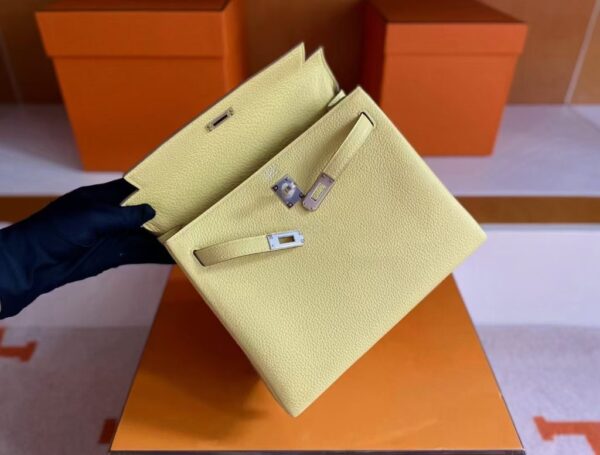 H Factory Bags Kelly Togo Leather Light Yellow Silver Hardware 25cm Full Handmade