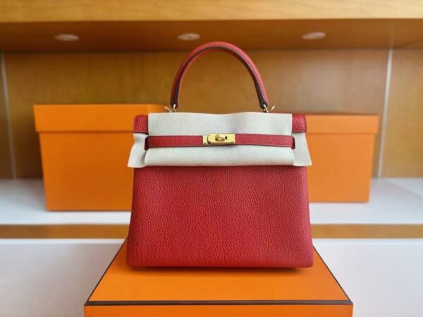H Factory Bags Kelly Togo Leather Bright Red Gold Hardware 25cm Full Handmade