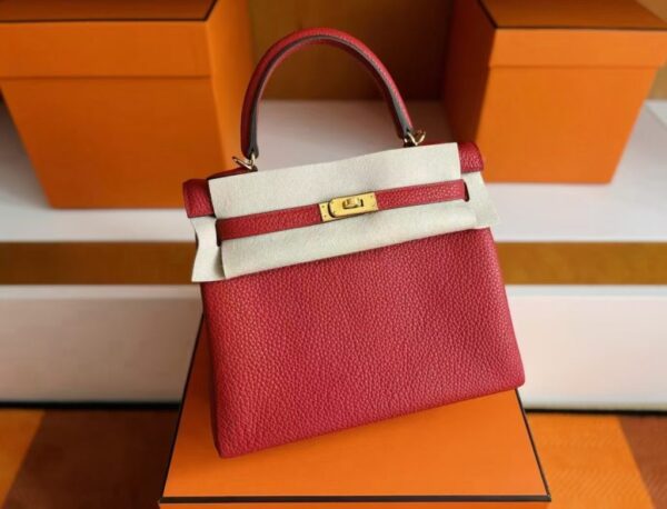 H Factory Bags Kelly Togo Leather Bright Red Gold Hardware 25cm Full Handmade