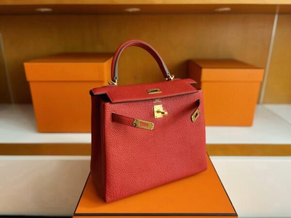 H Factory Bags Kelly Togo Leather Bright Red Gold Hardware 25cm Full Handmade