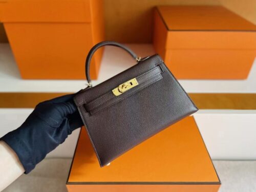 H Factory Bags Mini Kelly Epsom Leather ebony color Gold Hardware 19cm Full Handmade
