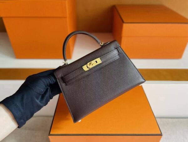 H Factory Bags Mini Kelly Epsom Leather ebony color Gold Hardware 19cm Full Handmade