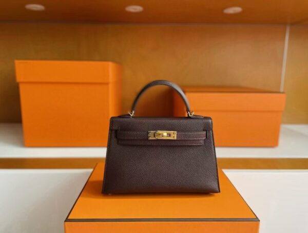 H Factory Bags Mini Kelly Epsom Leather ebony color Gold Hardware 19cm Full Handmade