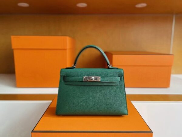 H Factory Bags Mini Kelly Epsom Leather deep green Silver Hardware 19cm Full Handmade