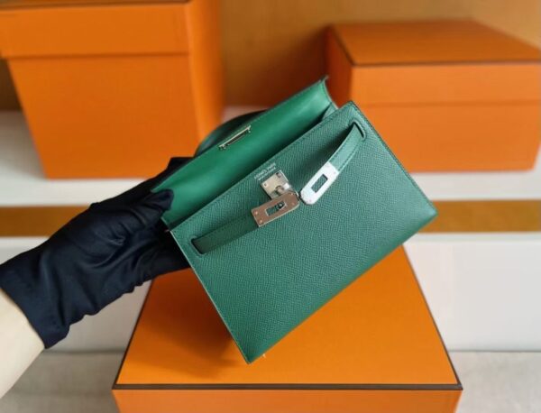 H Factory Bags Mini Kelly Epsom Leather deep green Silver Hardware 19cm Full Handmade