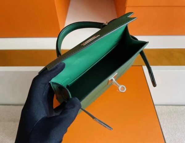H Factory Bags Mini Kelly Epsom Leather deep green Silver Hardware 19cm Full Handmade