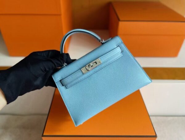 H Factory Bags Mini Kelly Epsom Leather Sky Blue Silver Hardware 19cm Full Handmade
