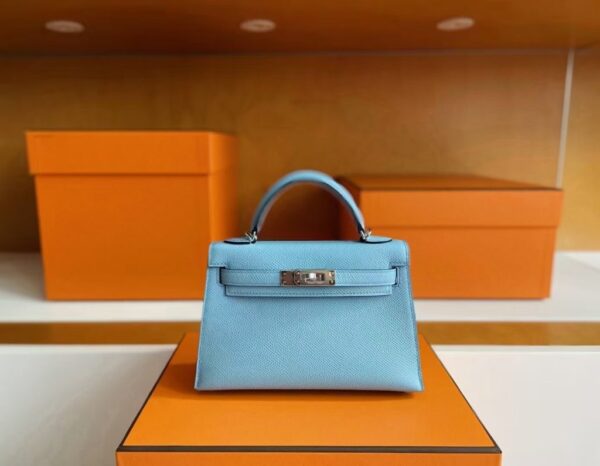 H Factory Bags Mini Kelly Epsom Leather Sky Blue Silver Hardware 19cm Full Handmade