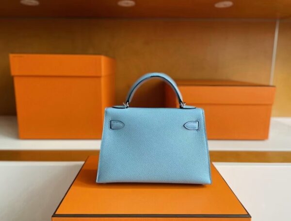 H Factory Bags Mini Kelly Epsom Leather Sky Blue Silver Hardware 19cm Full Handmade