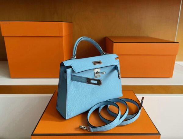 H Factory Bags Mini Kelly Epsom Leather Sky Blue Silver Hardware 19cm Full Handmade