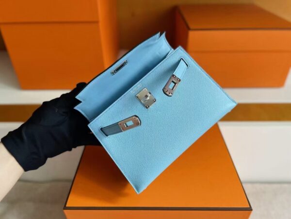 H Factory Bags Mini Kelly Epsom Leather Sky Blue Silver Hardware 19cm Full Handmade
