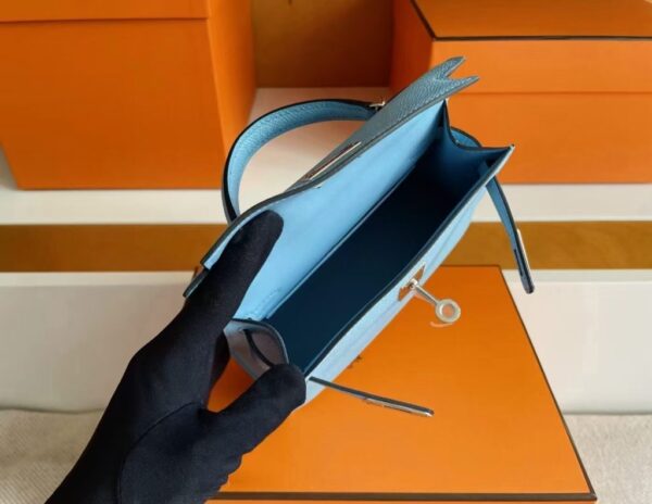 H Factory Bags Mini Kelly Epsom Leather Sky Blue Silver Hardware 19cm Full Handmade