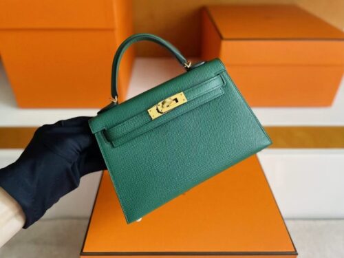 H Factory Bags Mini Kelly Epsom Leather deep green Gold Hardware 19cm Full Handmade
