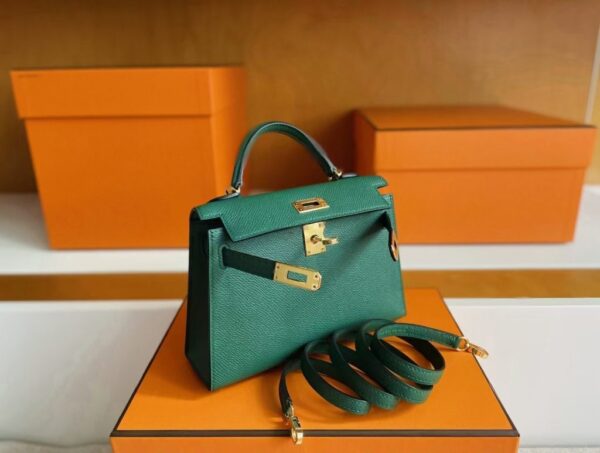 H Factory Bags Mini Kelly Epsom Leather deep green Gold Hardware 19cm Full Handmade