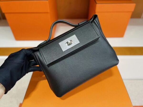 H Factory Bags Mini Kelly 2424 Evercolor Leather Black Silver Hardware 21cm Full Handmade