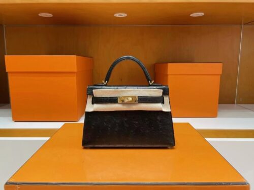 H Factory Bags Mini Kelly Ostrich Leather Black Gold Hardware 19cm Full Handmade