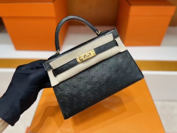 mmexport1746588010547-1024x768-1 H Factory Bags Mini Kelly Ostrich Leather Black Gold Hardware 19cm Full Handmade