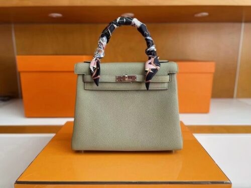 H Factory Bags Kelly Togo Leather sage green Silver Hardware 25cm Full Handmade