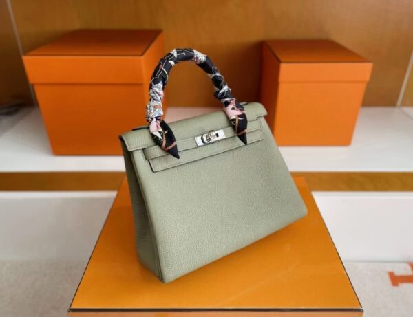 H Factory Bags Kelly Togo Leather sage green Silver Hardware 25cm Full Handmade